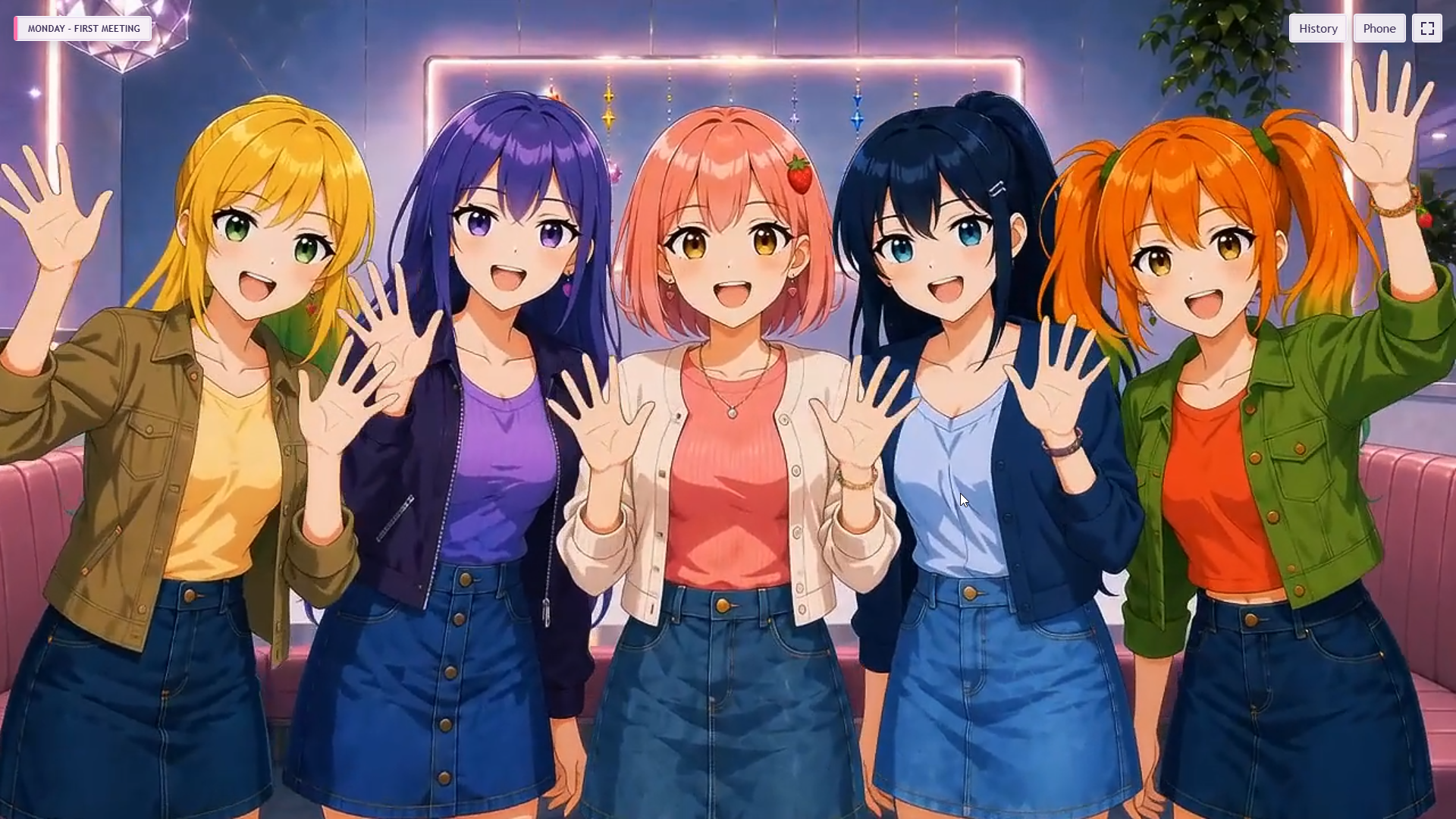 Work-in-progress gameplay showing all five members of FRUITCODE